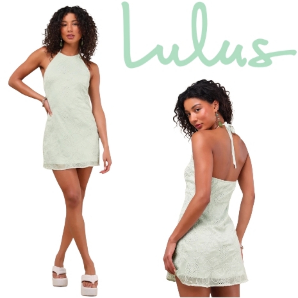 LULUS Letitia Light Sage Floral Embroidered Halter Mini Dress Backless NWT LG